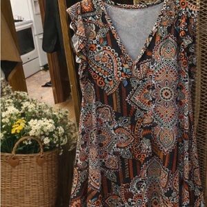 Lily Boho Sleeveless Paisley V-Neck Tunic in Orange, Black & Cream